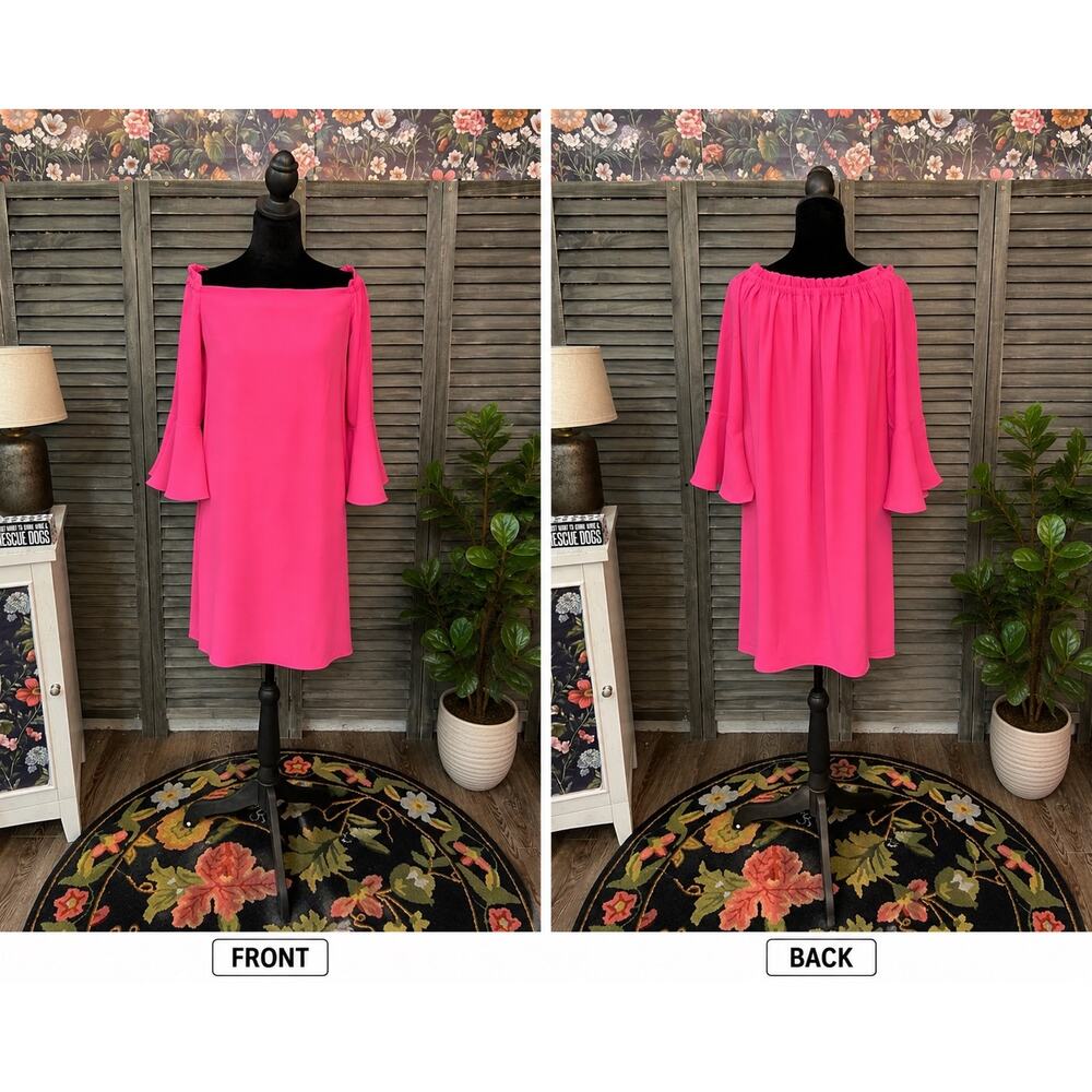 Trina Turk Hot Pink Off Shoulder Bell Sleeve Mini Dress Medium NWT MSRP $258 - Picture 2 of 12